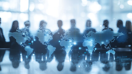 Collaborative team discussing global strategy with world map backdrop