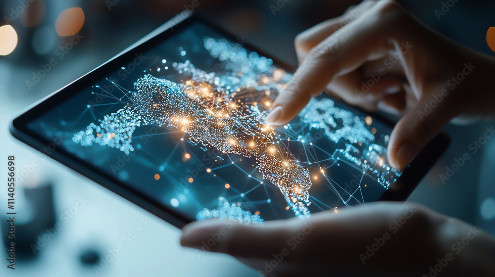 Poster hands holding tablet displaying glowing global map with connections