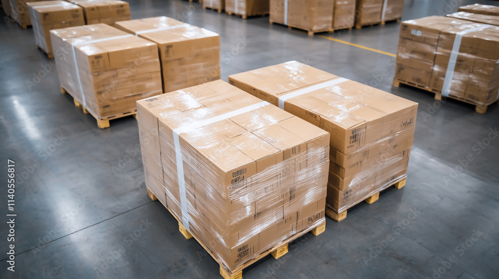 Poster neatly stacked cardboard boxes on pallets in distribution center