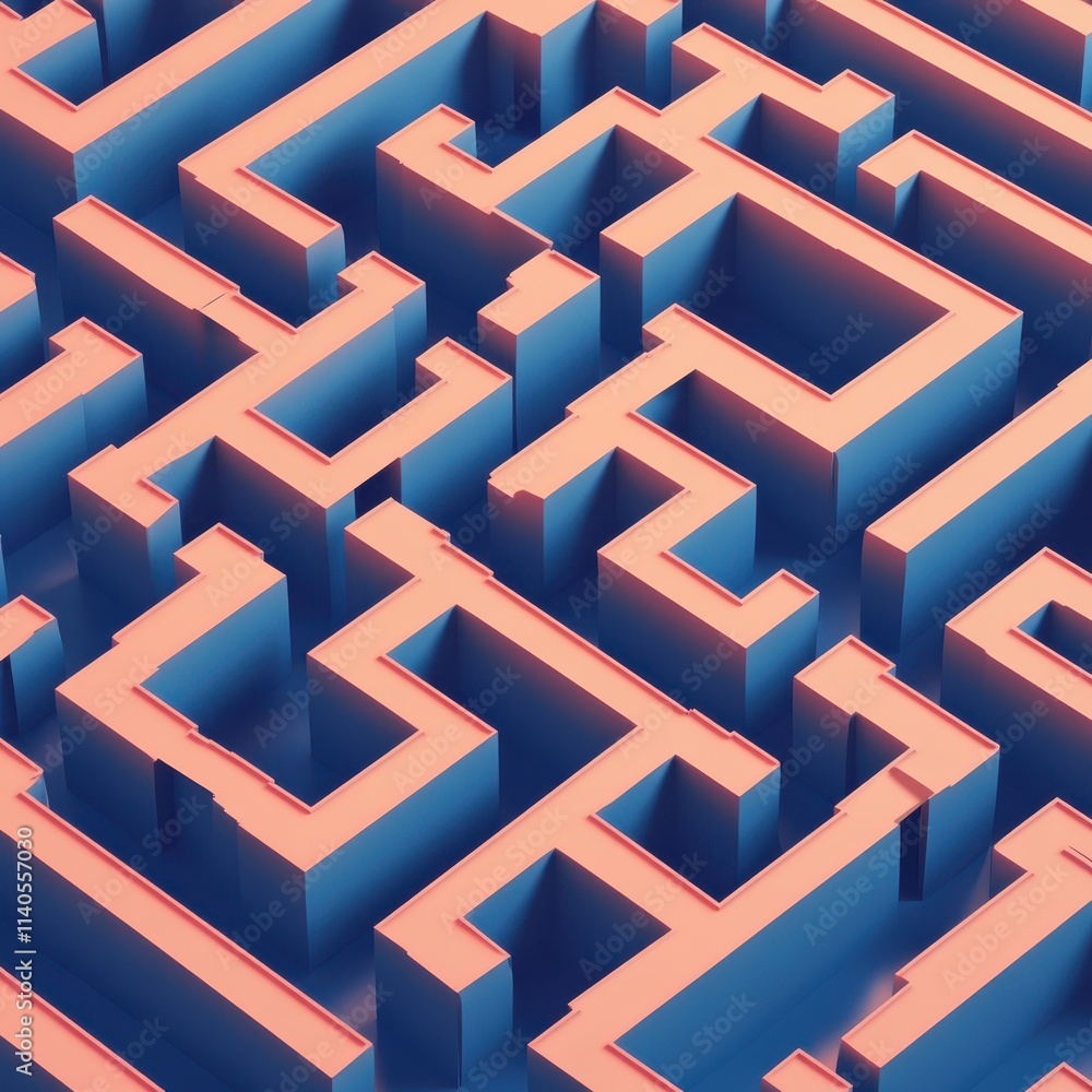 Poster an intricate maze design with vibrant blue and coral colors, creating a modern and stylish abstract 