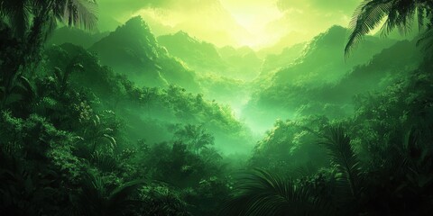 Obraz premium Lush green rainforest landscape with dense foliage and misty mountains in the background, evoking tranquility.