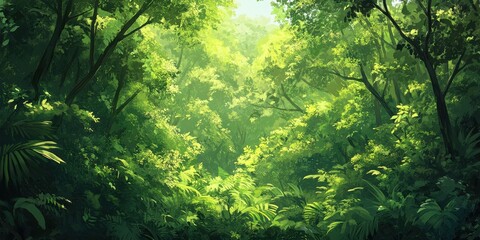 Lush green jungle filled with vibrant foliage, capturing a serene and peaceful atmosphere in nature.