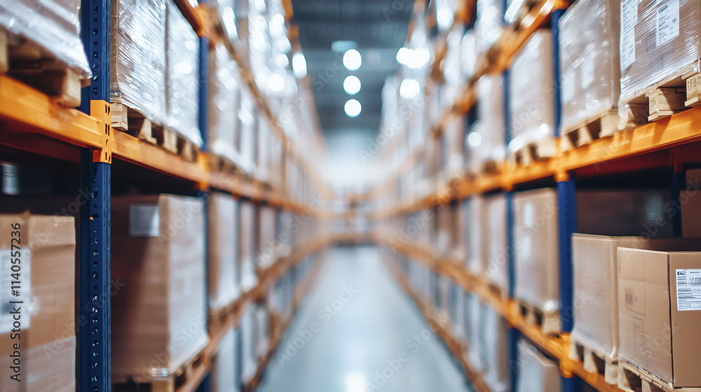 Poster warehouse storage with stacked boxes on shelves, organized and efficient