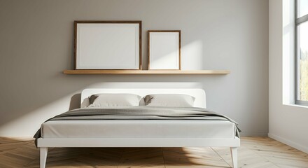 An interior bedroom with blank rectangular photo frames on the wall 3d illustration mock-up template.