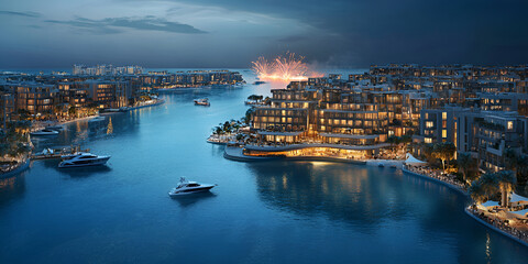 Modern City Skyline with Lights and Reflections at Night