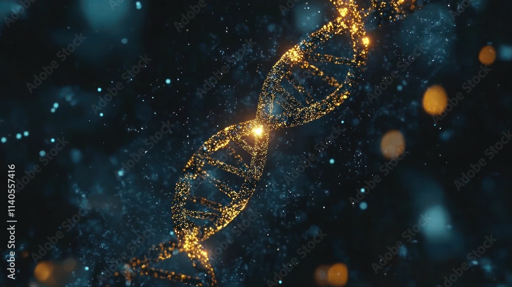 Poster glowing golden dna helix strand in dark space with bokeh effect.