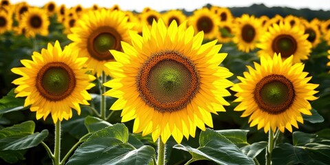 Fototapeta premium Vibrant close-up of sunflowers in full bloom, showcasing their bright yellow petals and textured centers.