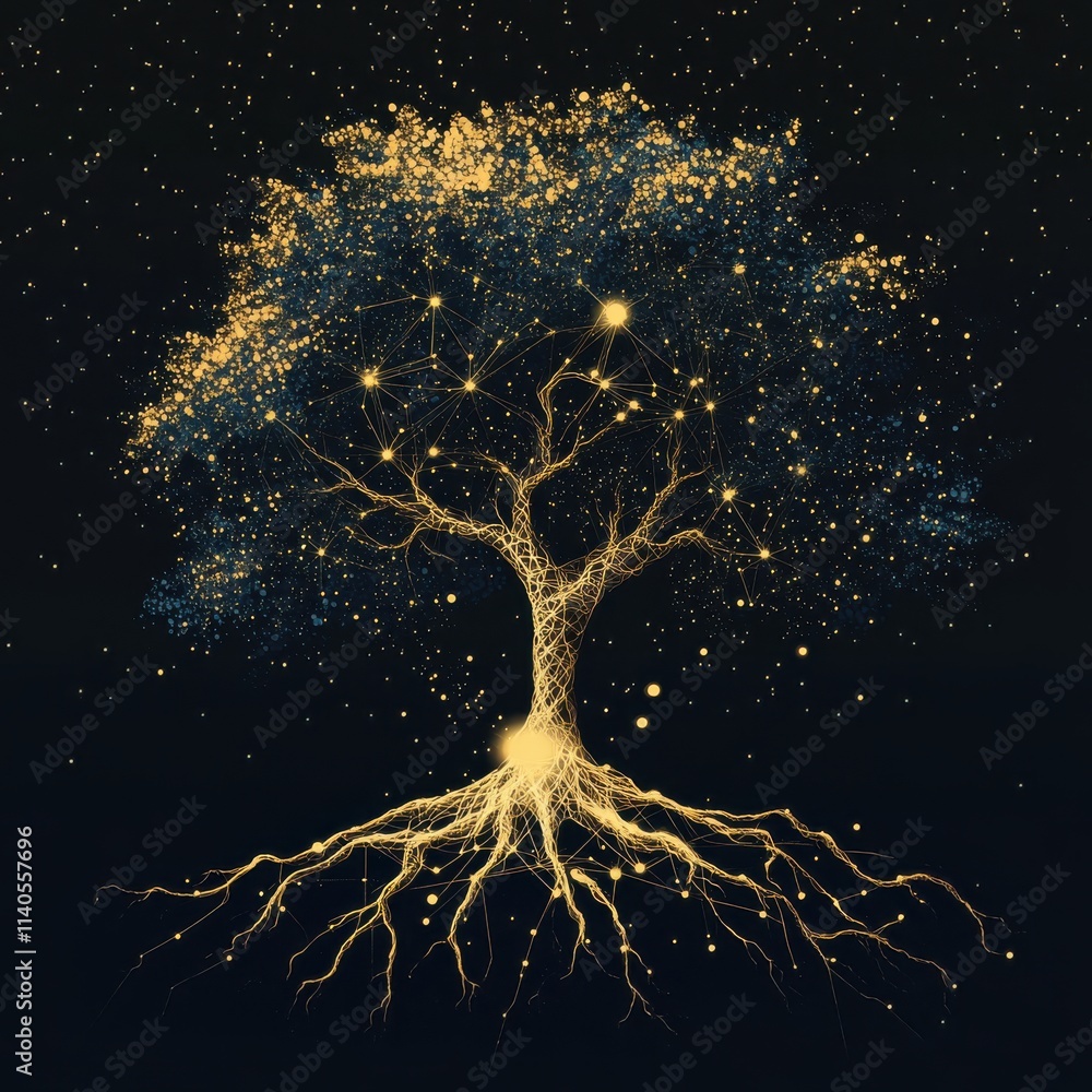Aufkleber a luminous tree with golden roots and branches, symbolizing the connection between nature and the co