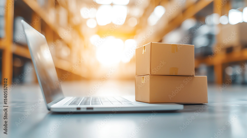 Poster efficient planning with laptop and boxes in warehouse setting