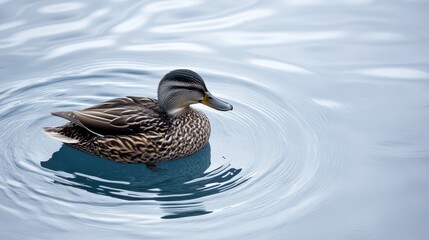 Fototapeta premium A solitary duck swims gracefully in calm water, creating ripples around it.