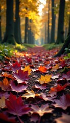 Forest floor covered with fallen dark purple and yellow leaves, leaf drop, fall colors, autumn