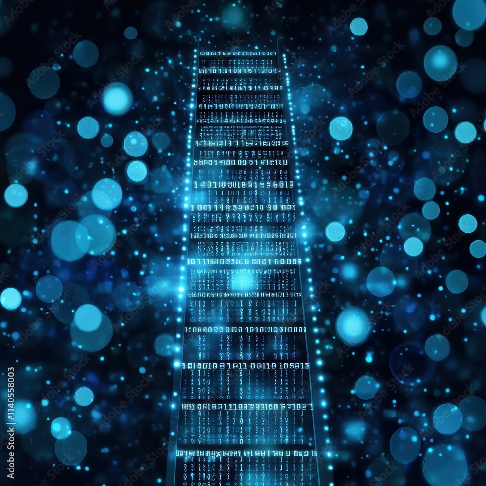 Poster a mesmerizing digital tower of binary code, illuminated in vibrant blue hues against a dark backgrou