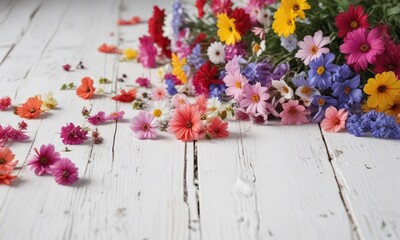 Freshly picked flowers scattered on a white wooden table, decoration, floral, garden