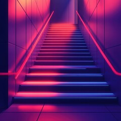 Fototapeta premium A vibrant staircase illuminated with pink and blue neon lights, leading into a mysterious atmosphere.