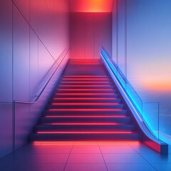A modern staircase illuminated with vibrant blue and red neon lights, creating a futuristic ambiance.