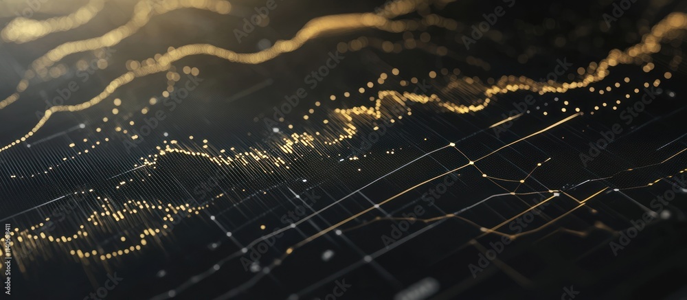 Poster abstract golden data visualization: a 3d render of dynamic financial market trends