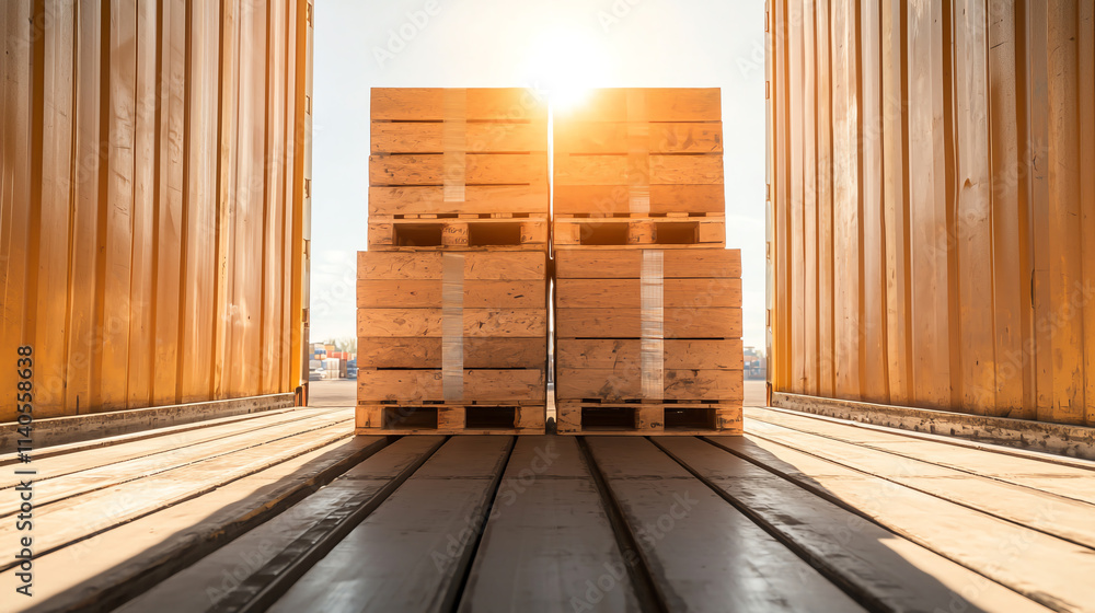 Poster loading dock with wooden pallets in sunlight, creating warm atmosphere