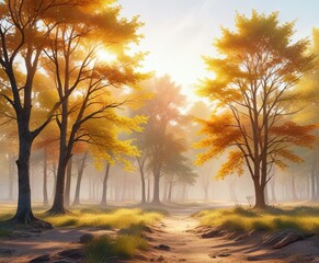 Gentle aquarelle background with trees in sunlight, outdoor scene, sunlight