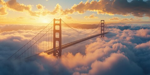 Fototapeta premium Majestic bridge emerging from the clouds at sunrise, creating a serene and dreamlike atmosphere.