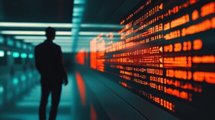 Man observing a large digital display showing data streams in a futuristic corridor.