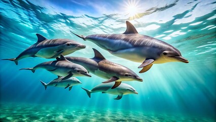 Obraz premium Minimalist Dolphin Family Photo: Ocean Wildlife, Marine Mammals, Underwater Scene, Cute Dolphins, Sea Life Photography