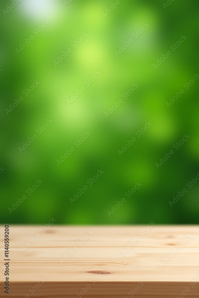 Poster a minimalist wooden tabletop with an abstract green blur in the background for a design or product s