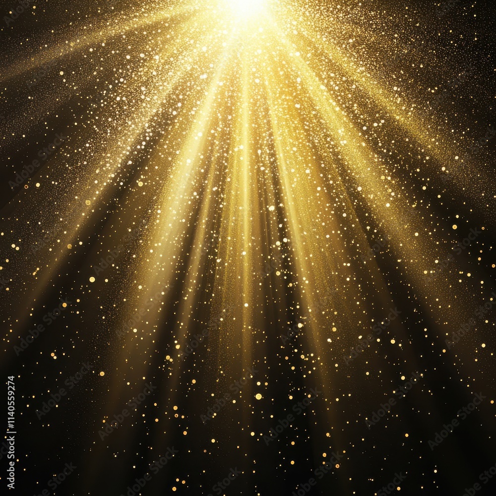 Poster a mesmerizing display of golden light rays shining through a dark background, creating a magical atm