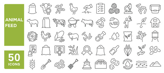 Set of 50 line icons related to animal feed, farmyard, feed production, corn, pellet, seeds, bulk, fodder, Editable stroke. Vector illustration