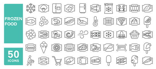 Set of 50 line icons related to frozen food, bag, meat, plastic, vegetables, fish, fruits, market, refrigerator, product, freeze, Editable stroke. Vector illustration