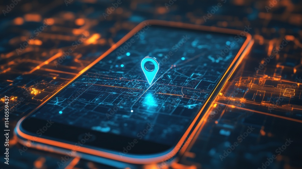 Poster smartphone displaying a digital map with a location pin, illustrating gps navigation and geolocation