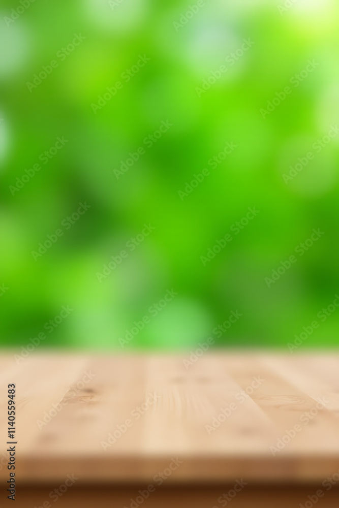 Poster a minimalist wooden tabletop with an abstract green blur in the background for a design or product s