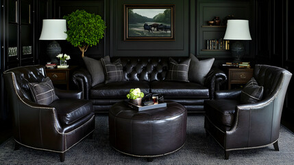 Brown wings and a beige-tufted chesterfield sofa. Modern living room with art deco interior design