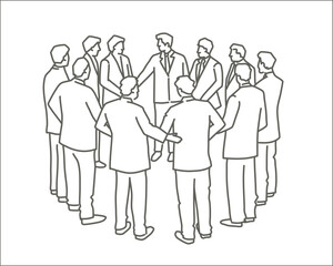 Business people standing together in a circle. Hand drawn vector illustration. Black and white.