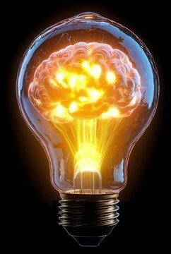 A brain in a lightbulb lighting up with various bursts of ideas as colourful energy