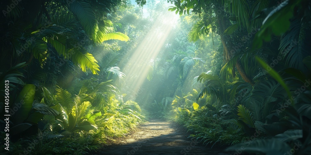 Aufkleber a serene jungle pathway illuminated by soft rays of sunlight filtering through dense leafy canopies.