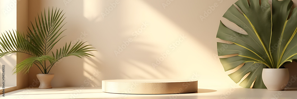 Poster a minimalist sandstone product display platform is set amidst a tropical design featuring a palm lea