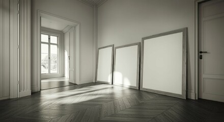 An interior room with blank rectangular photo frames on the wall 3d illustration mock-up template.