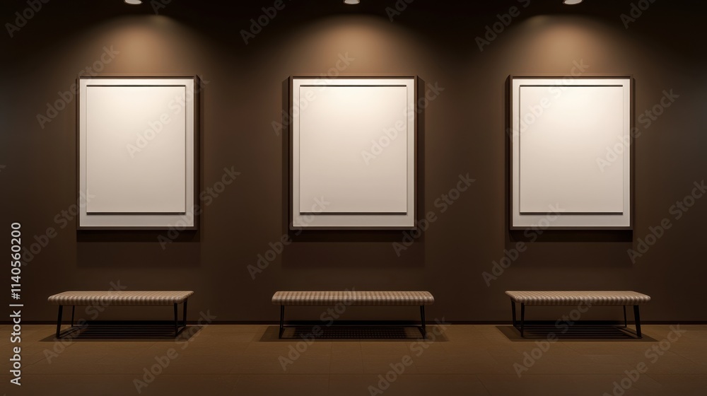 Poster minimalist gallery space with three empty frames on wall