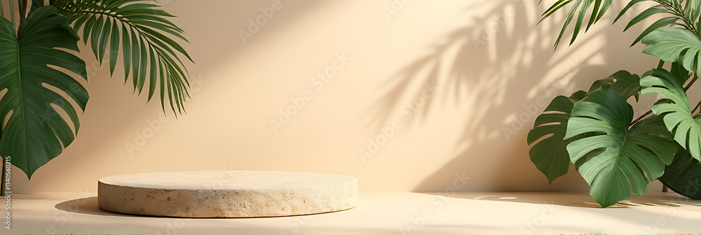 Poster a minimalist sandstone product display platform is set amidst a tropical design featuring a palm lea