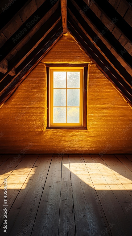 Poster sunlight entering empty attic through window illuminating wooden floor