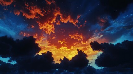 Naklejka premium Fiery Sunset Sky: A Celestial Canvas of Orange and Blue Hues