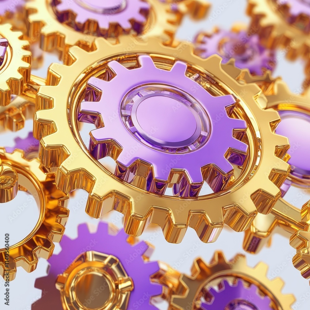 Poster shiny golden and purple gears interlocking, creating a dynamic and vibrant display of mechanical eng