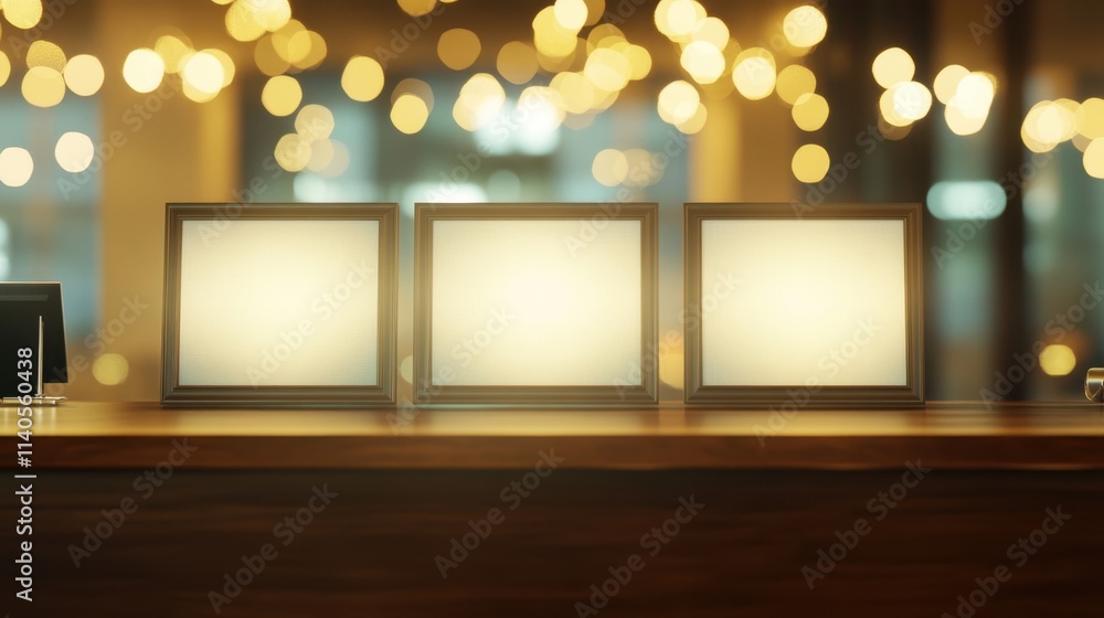 Poster empty picture frames on a wooden table with soft bokeh background