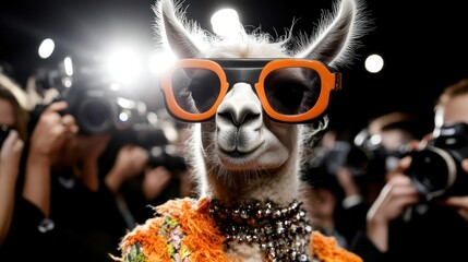 Llama wearing sunglasses and jewelry surrounded by paparazzi.