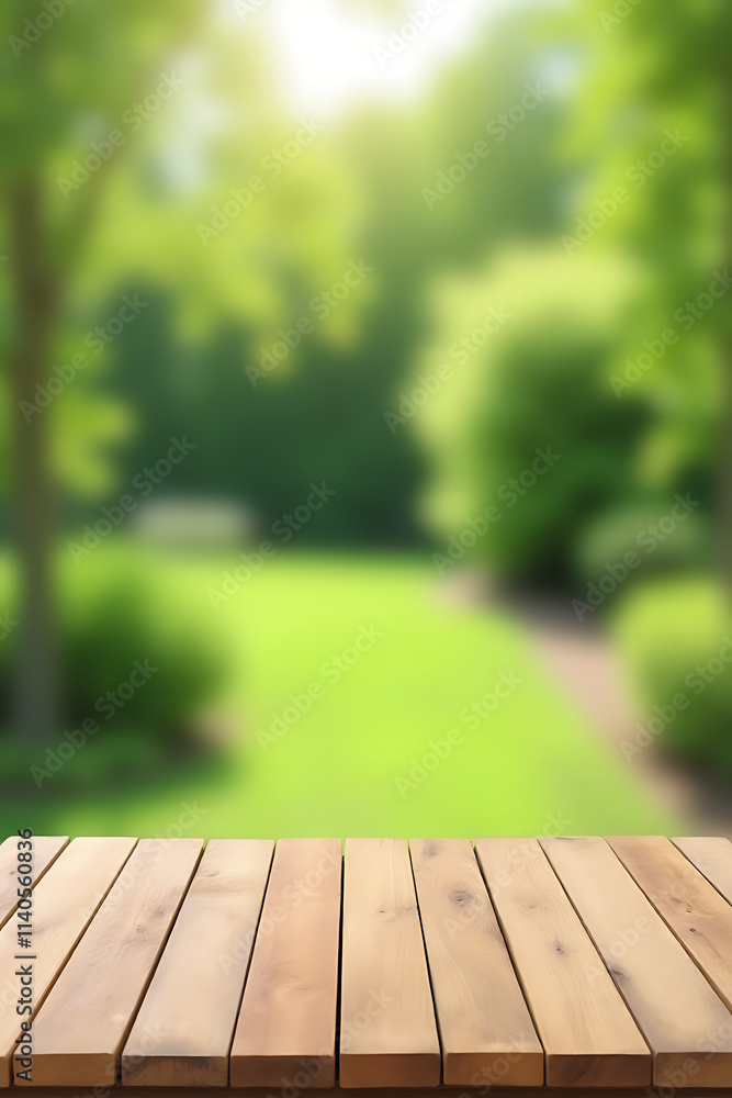 Poster A minimalist photo shows a wood table surface in front of a blurred garden view with greenery and trees in the background._00003_