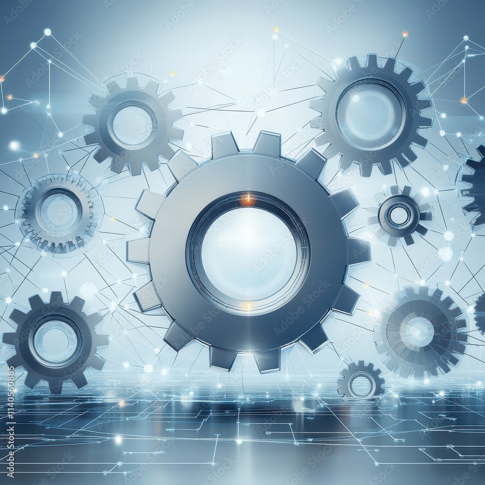 Poster abstract representation of interconnected gears symbolizing technology and innovation in a digital e