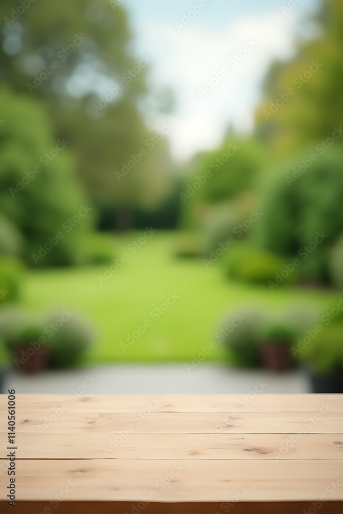 Poster A minimalist photo shows a wood table surface in front of a blurred garden view with greenery and trees in the background._00002_