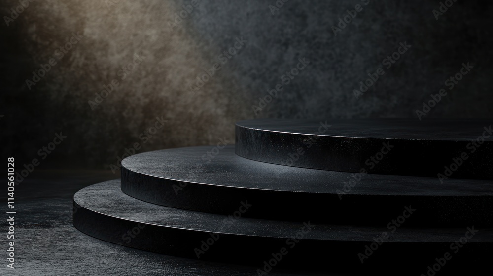 Poster dark, textured, circular platform with three levels, illuminated by subtle light.