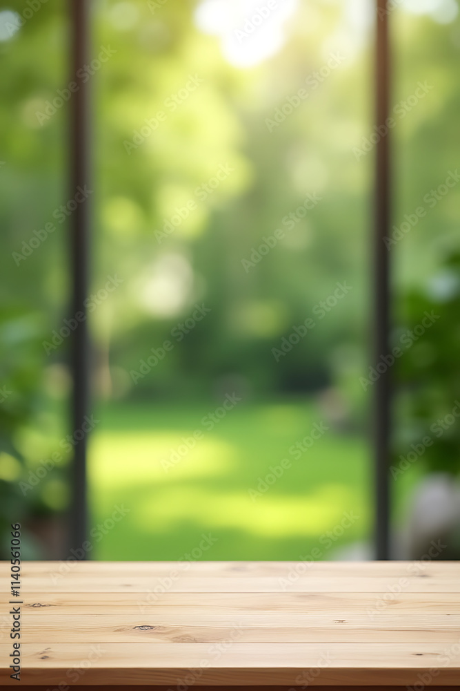 Poster A minimalist photo shows a wood table surface in front of a blurred garden view with greenery and trees in the background._00001_