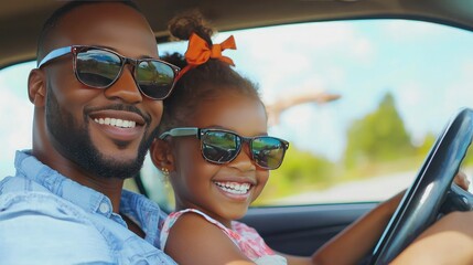 Naklejka premium Happy family driving together on a scenic road, smiling and enjoying a car trip. 